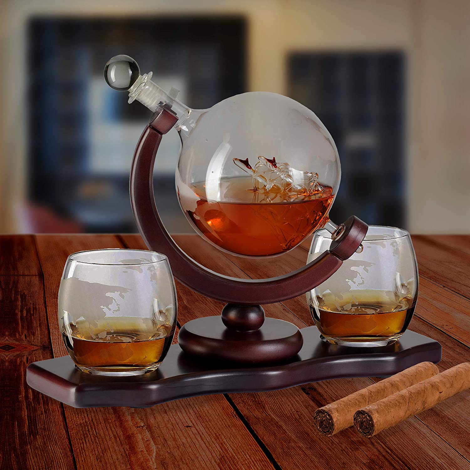 Chefoh Glass Globe Decanter Set w/Whiskey Glasses - Reusable Steel Ice Cubes - Cherry Wood Stand - Tongs - Pour Funnel | Liquor - Wine - Scotch | Vintage Home - Dining - Bar Decor