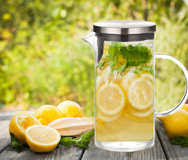 Chefoh Glass Pitcher with Lid - Unique Pattern Cold Water Jug - 1000 ML perfect for Homemade Iced Tea and Juice