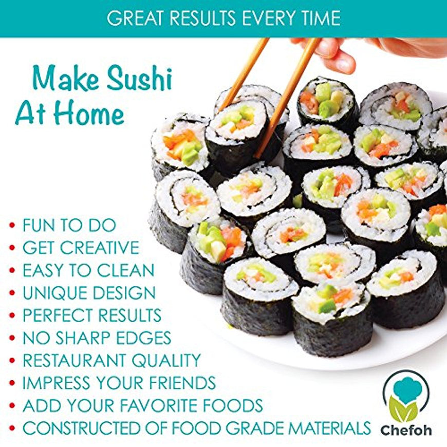 Chefoh All-In-One Sushi Making Kit | Sushi Bazooka - Sushi Mat & Bamboo Chopsticks Set | DIY Rice Roller Machine | Very Easy To Use | Food Grade Plastic Parts Only | Must-Have Kitchen Appliance
