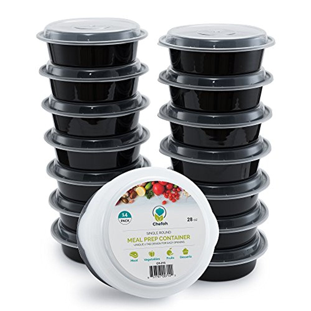Chefoh Pack of 14 Plastic Meal Prep Containers | Round Bento Box | 28 Oz Single Compartment Lunch Box with Air-tight Lids | Food Safe