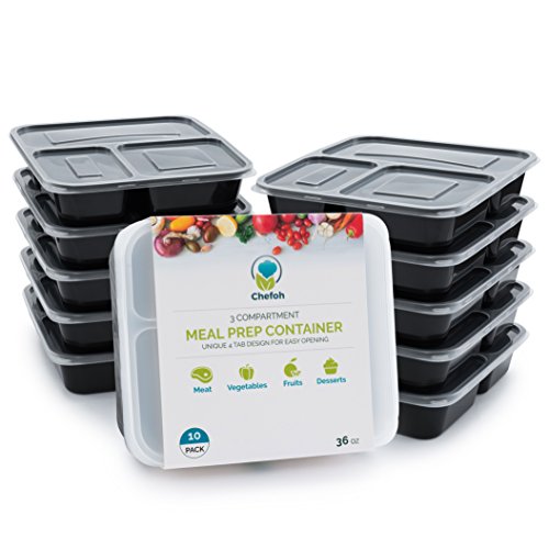 Chefoh 10-Pack 3 Compartment Meal Prep Containers with Lids - 32 oz | Reusable Microwavable Divided Food Storage Lunch Bento Boxes