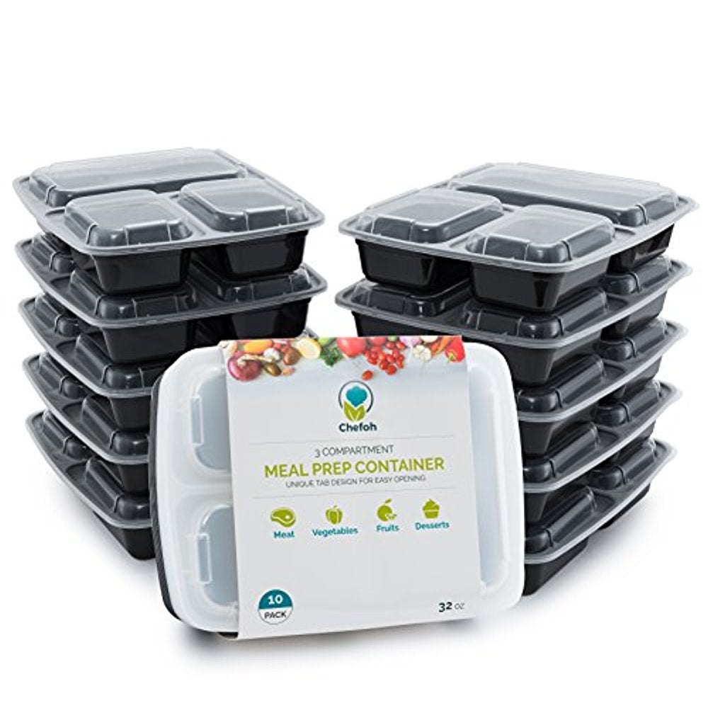 Chefoh 10-Pack 3 Compartment Meal Prep Food Containers with Lids - 32 oz | Reusable Microwavable Divided Food Storage Containers