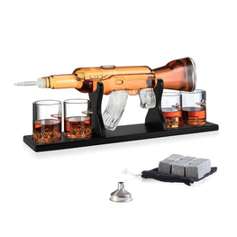 Gun AK Rifle Whiskey Decanter and Glasses Gift Set for Men - 1000ml - 22.5" x 8.5" - 4 Bullet Etched Glasses - Vintage Glass Dispenser For Scotch Whisky - Bourbon Liquors - Unique - Novelty - Personal