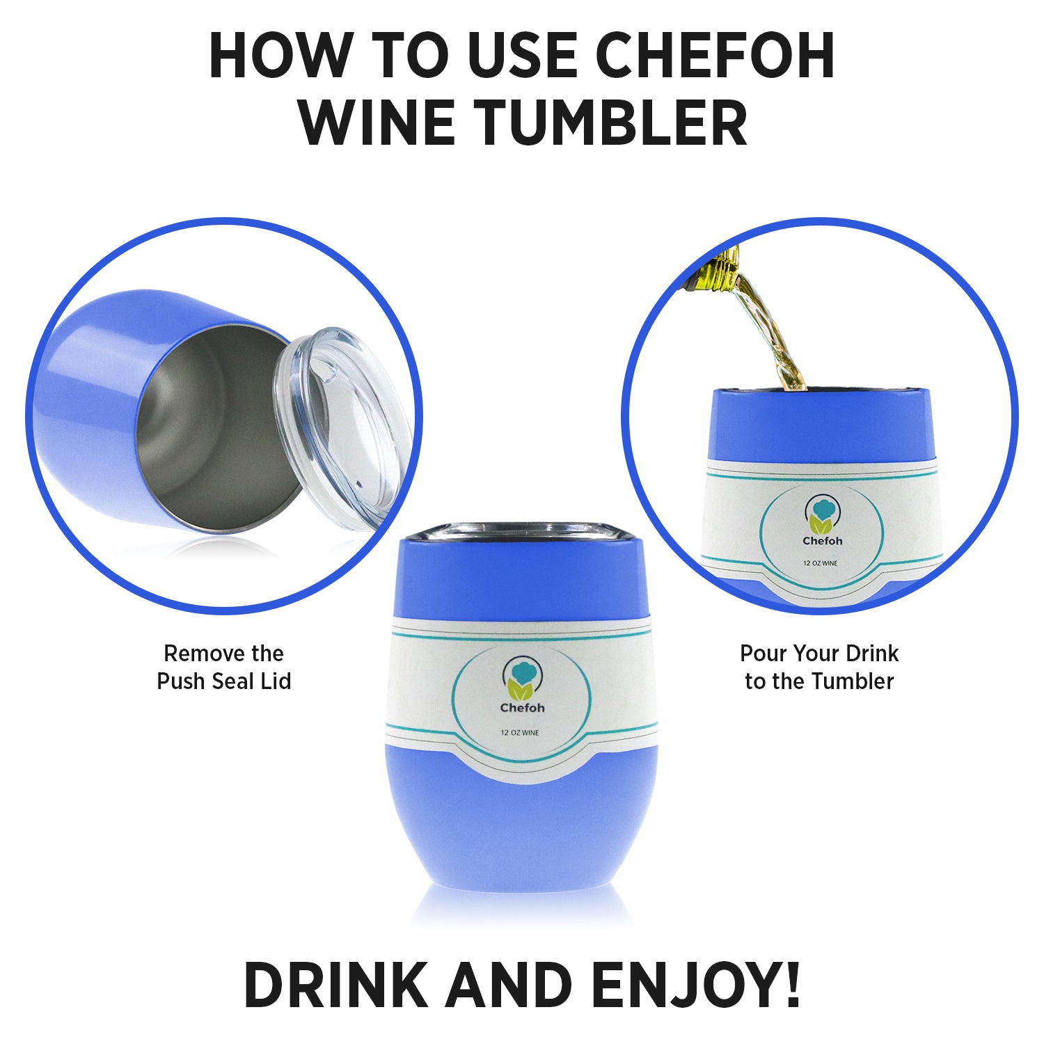 Chefoh Stainless Steel 12 Oz Stemless Drinking Glass Tumbler Cup - Hydrangea - Double Wall Vacuum Insulated - Sweat Free - Ergo Silicone Lid - Smooth Mouth Rim - For Wine - Beer - Champagne - Coffee &