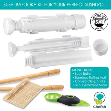 Chefoh All-In-One Sushi Making Kit | Sushi Bazooka - Sushi Mat & Bamboo Chopsticks Set + 3in1 Avocado Slicer | DIY Rice Roller Machine | Very Easy To Use | Must-Have Kitchen Appliance
