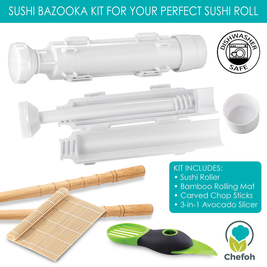 Chefoh All-In-One Sushi Making Kit | Sushi Bazooka - Sushi Mat & Bamboo Chopsticks Set + 3in1 Avocado Slicer | DIY Rice Roller Machine | Very Easy To Use | Must-Have Kitchen Appliance