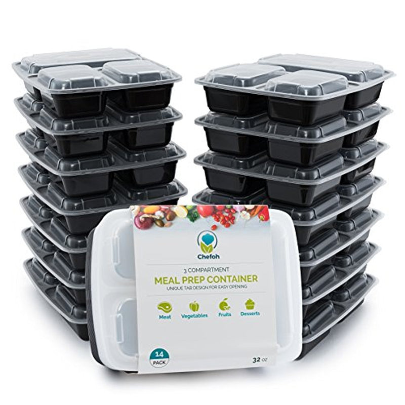 Chefoh 14-Pack 3 Compartment Meal Prep Containers with Lids - 32 oz