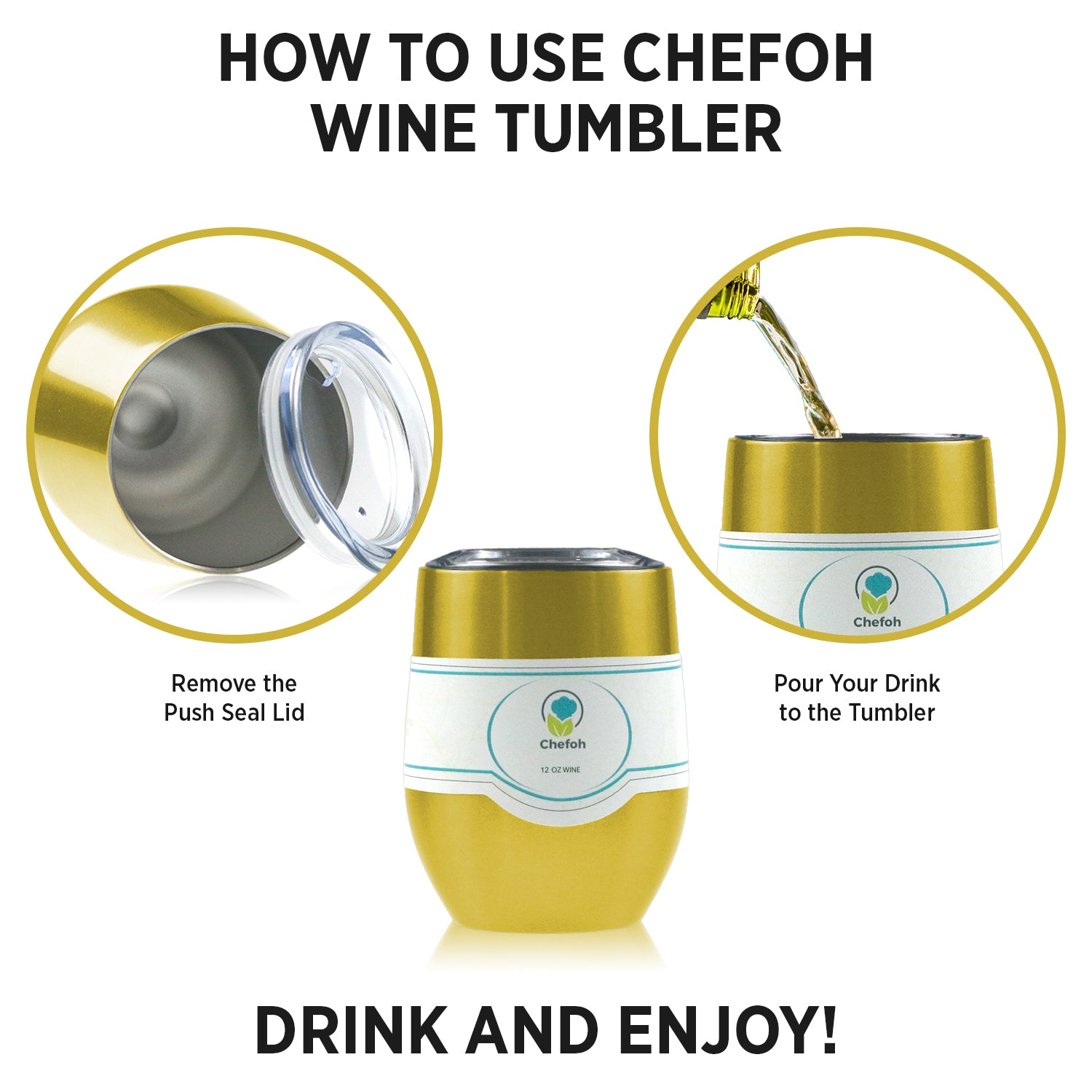Chefoh Stainless Steel 12 Oz Stemless Drinking Glass Tumbler Cup - Gold - Double Wall Vacuum Insulated - Sweat Free - Ergo Silicone Lid - Smooth Mouth Rim - For Wine - Beer - Champagne - Coffee & More