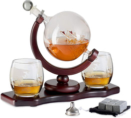 Chefoh Glass Globe Decanter Set w/Whiskey Glasses - Reusable Steel Ice Cubes - Cherry Wood Stand - Tongs - Pour Funnel | Liquor - Wine - Scotch | Vintage Home - Dining - Bar Decor