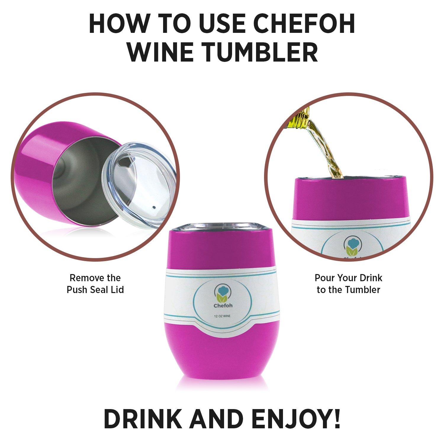 Chefoh Stainless Steel 12 Oz Stemless Drinking Glass Tumbler Cup - Berry - Double Wall Vacuum Insulated - Sweat Free - Ergo Silicone Lid - Smooth Mouth Rim - For Wine - Beer - Champagne - Coffee & Mor